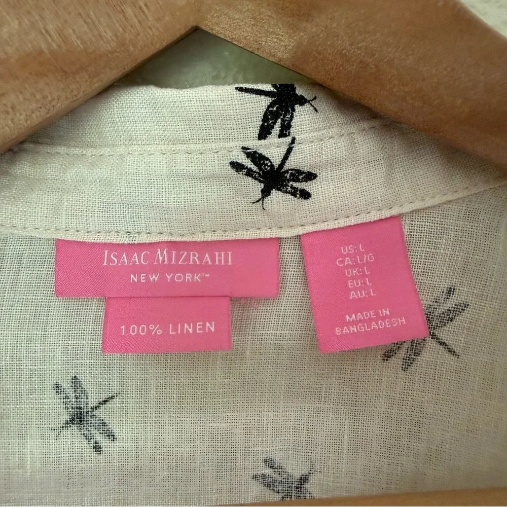 Isaac Mizrahi Linen Shirt with Black Dragonfly Pattern